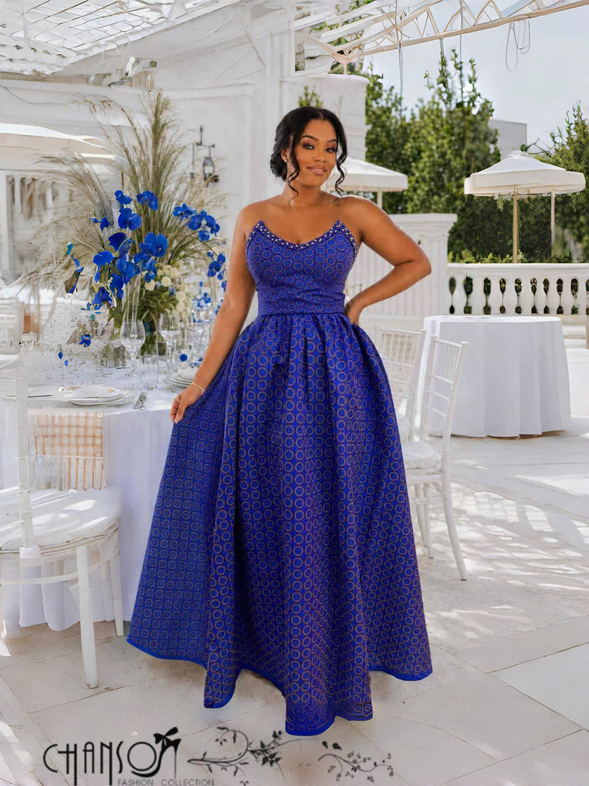 Blue beaded strappy full length traditional women's dress from FashionPrice South Africa