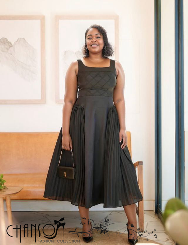 Vestido midi negro sin mangas, escote cuadrado, acolchado con falda plisada