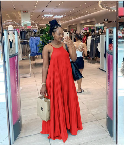 Red pleated spaghetti-strap maxi dress with a sleeveless scoop neckline