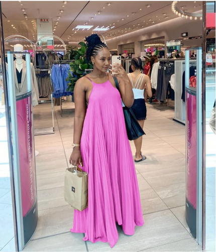 Pink pleated spaghetti-strap maxi dress with a sleeveless scoop neckline