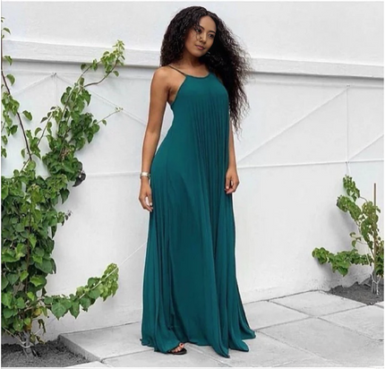 Deep teal pleated spaghetti-strap maxi dress with a sleeveless scoop neck