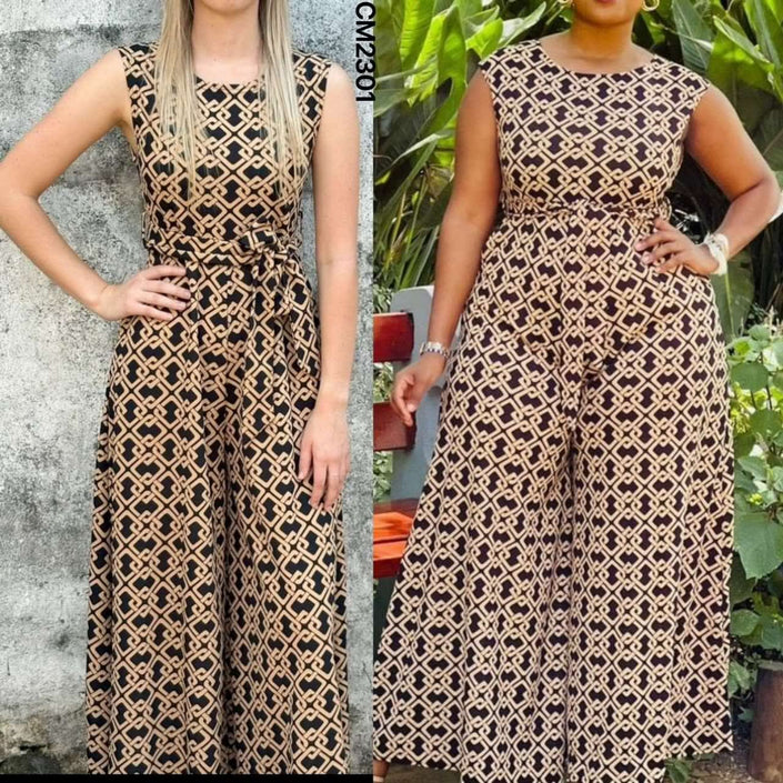 Sleeveless geometric wide-leg jumpsuit with brown-and-cream lattice print