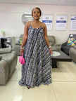 Sleeveless zigzag maxi dress, dark and light striped print, adjustable straps