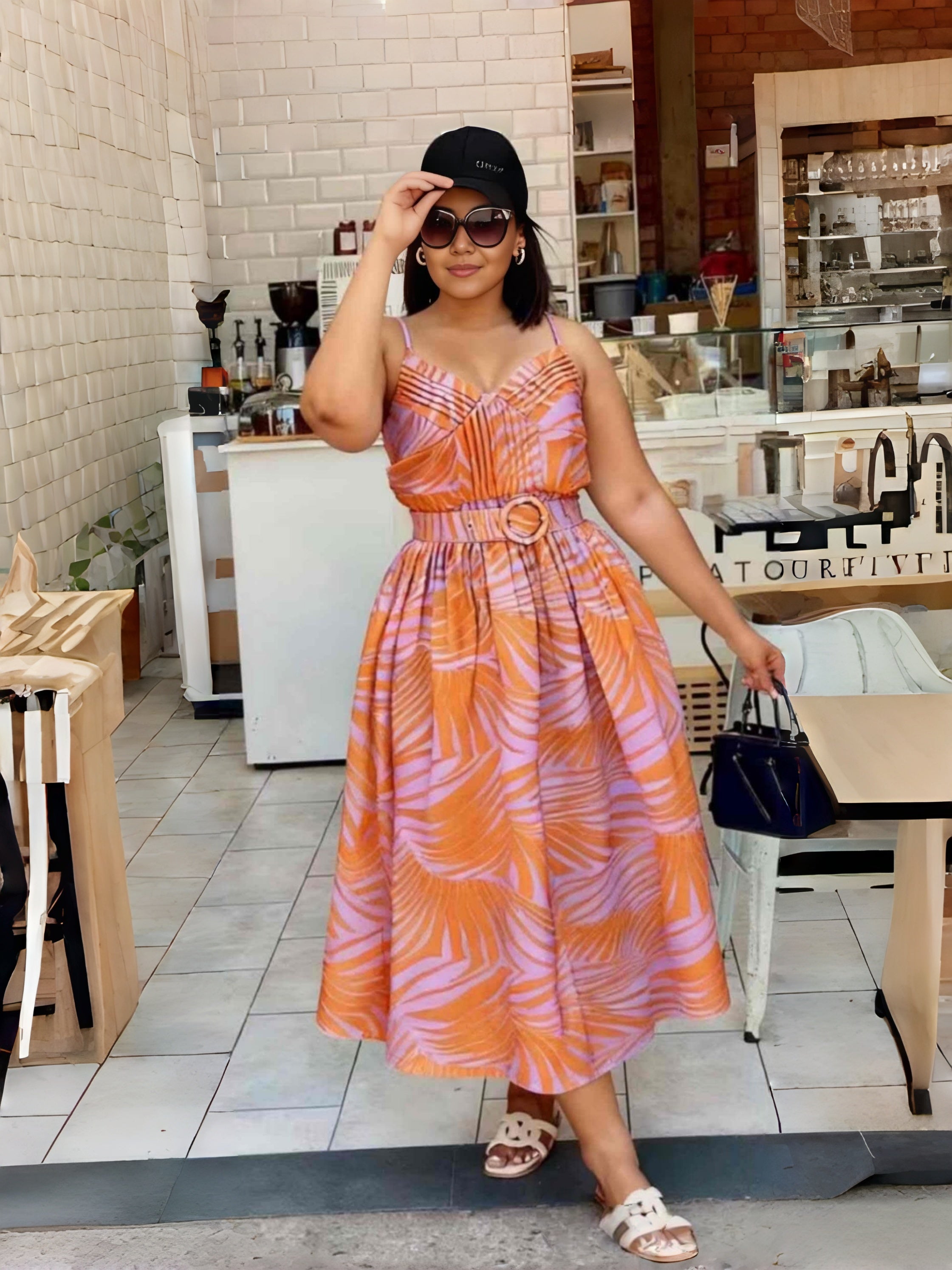 Tropical leaf print midi dress with waist tie, orange pink and green, sleeveless