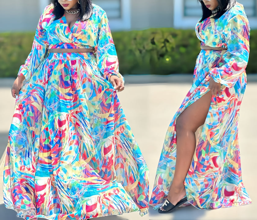 Abstract printed maxi dress, long sleeves, tie waist, V-neck
