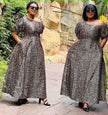 Black-and-white floral puff-sleeve midi dress, off-shoulder neckline, gathered waist