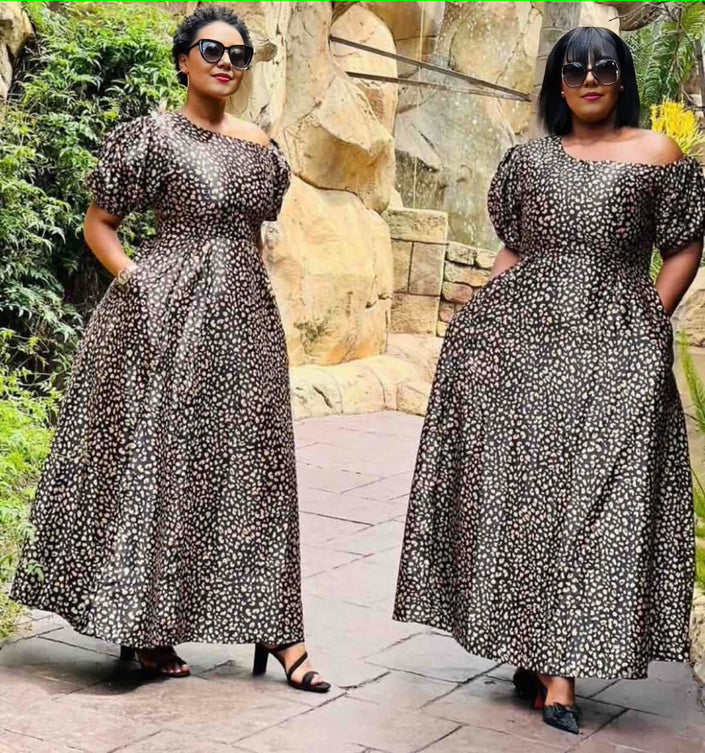 Black-and-white floral puff-sleeve midi dress, off-shoulder neckline, gathered waist