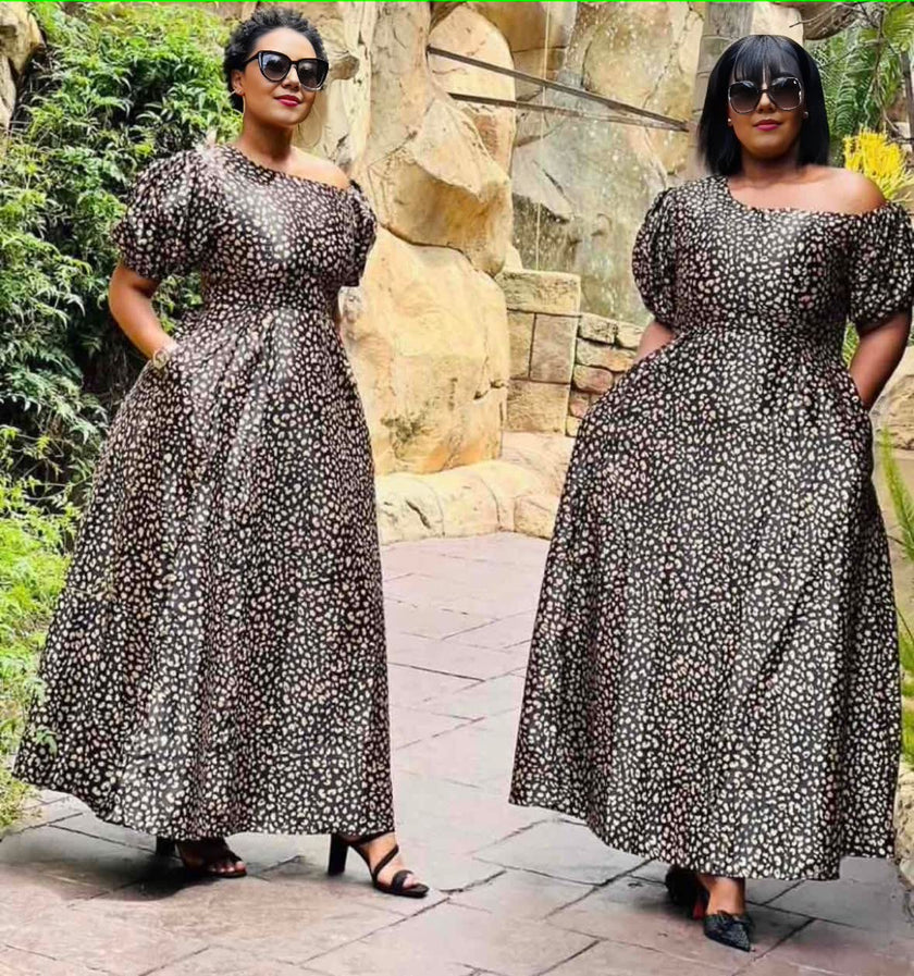 Black-and-white floral puff-sleeve midi dress, off-shoulder neckline, gathered waist