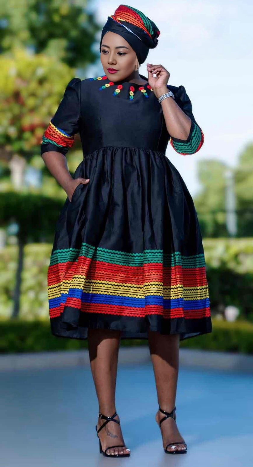 Mid-Length Flared Skirt Dress with Striped Hemline and Cuff Detailing