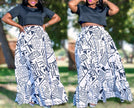 Black short-sleeve top and maxi geometric print skirt (white and navy)