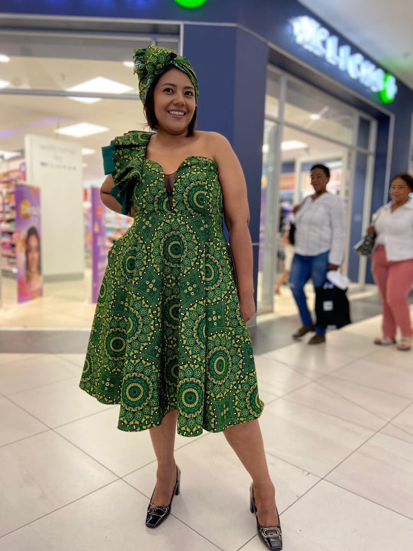 Single-shoulder design Ruffled details Traditional Dress