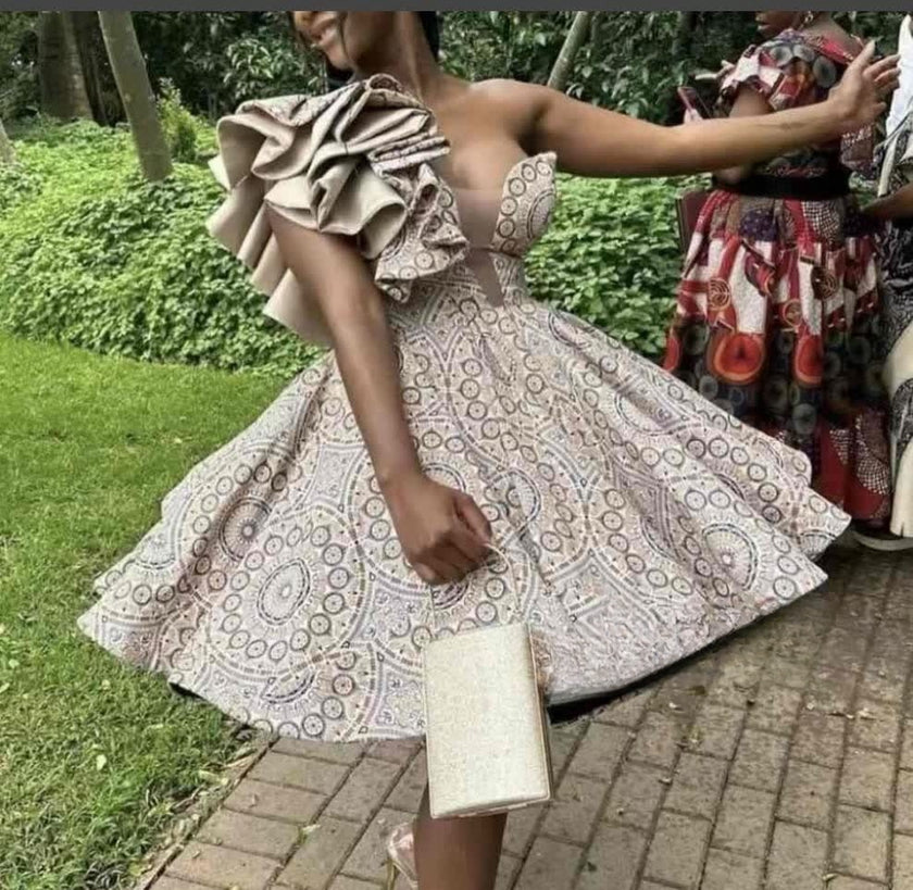 Single-shoulder design Ruffled details Traditional Dress