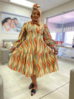 Geometric Wave Pattern Knee-Length Dress with Neck Bow