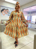 Geometric Wave Pattern Knee-Length Dress with Neck Bow