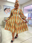 Geometric Wave Pattern Knee-Length Dress with Neck Bow
