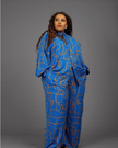 Geometric print shirt and pants set in blue with long sleeves and matching wide legs
