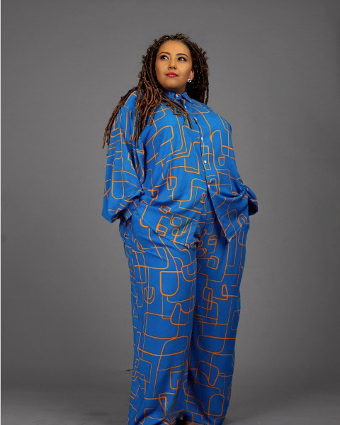 Geometric print shirt and pants set in blue with long sleeves and matching wide legs
