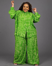 Geometric print shirt and pants set in green with long-sleeve shirt and wide-leg pants