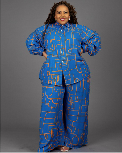 Geometric print shirt and pants set in blue with button-front shirt and wide-leg pants