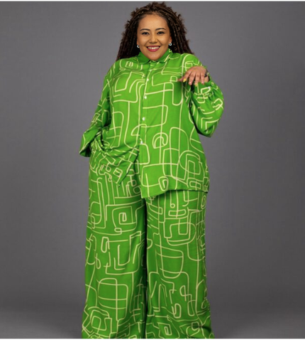 Geometric print shirt and pants set in green with long sleeves and matching wide legs