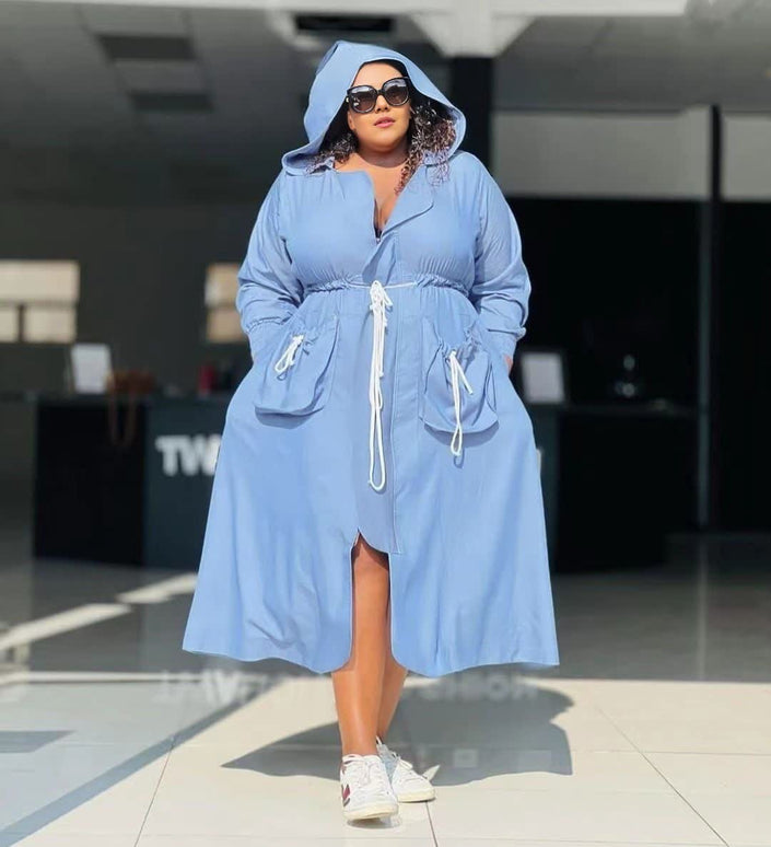 Sky-blue hooded midi dress with drawstring waist and long sleeves, button front