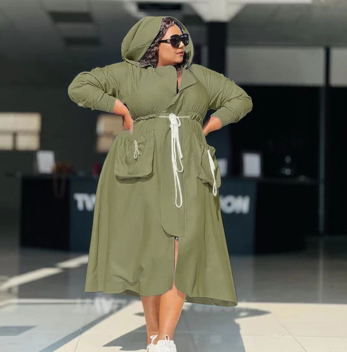 Dark-olive hooded midi dress with drawstring waist, long sleeves and button front