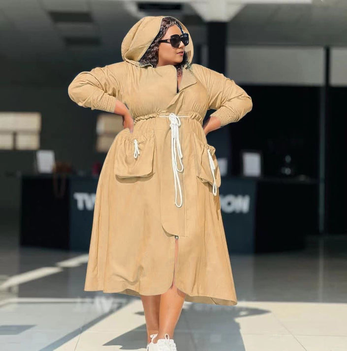 Burlywood hooded midi dress with drawstring waist, long sleeves and button front