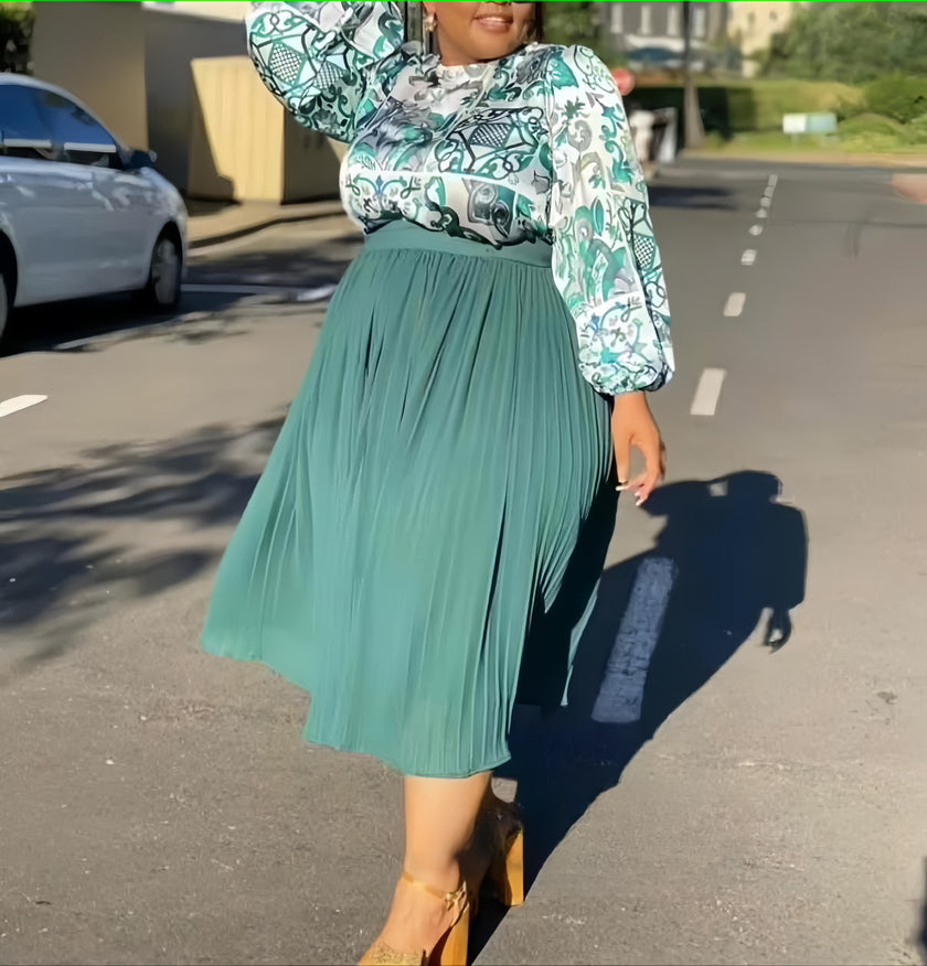Floral twin set with teal pleated midi skirt and puff-sleeve blouse