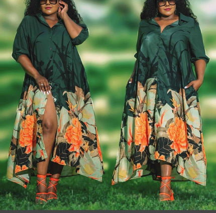 Teal floral maxi dress with collared button front, short sleeves, and orange flower print