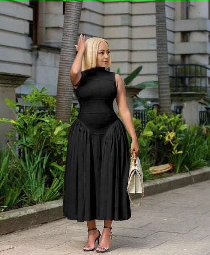 Black pleated midi A-line dress with sleeveless fitted bodice and pleated skirt