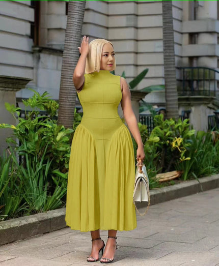 Yellow pleated midi A-line dress with sleeveless fitted bodice and pleated skirt