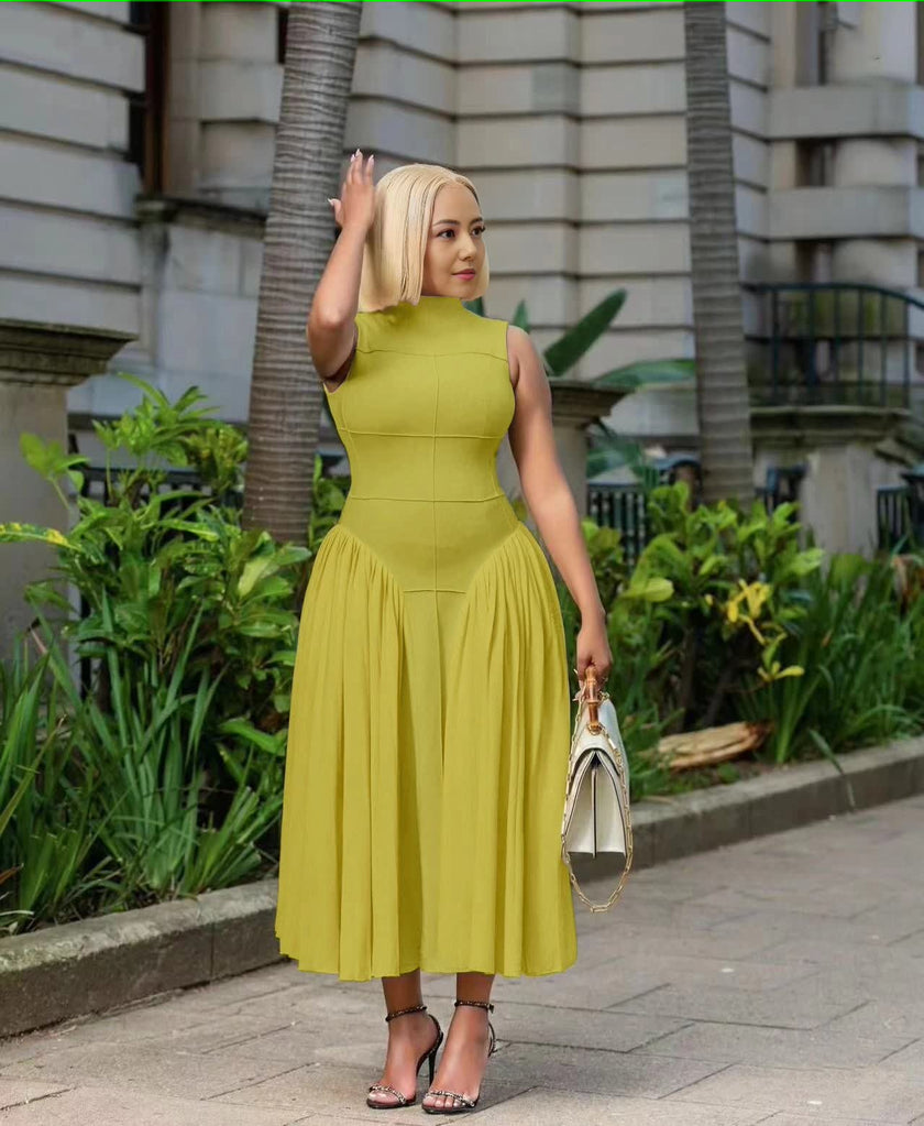 Yellow pleated midi A-line dress with sleeveless fitted bodice and pleated skirt
