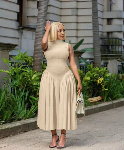 Khaki pleated midi A-line dress with sleeveless fitted bodice and pleated skirt