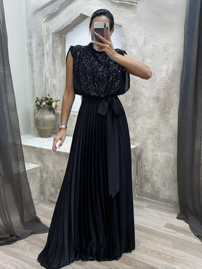 Black sequin pleated maxi dress, high neck, sleeveless, with waist bow