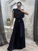 Black sequin pleated maxi dress, high neck, sleeveless, with waist bow