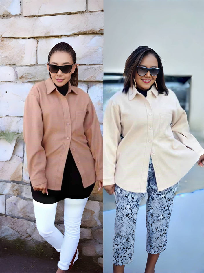 Loose fit long-sleeve button shirt in dark salmon and beige