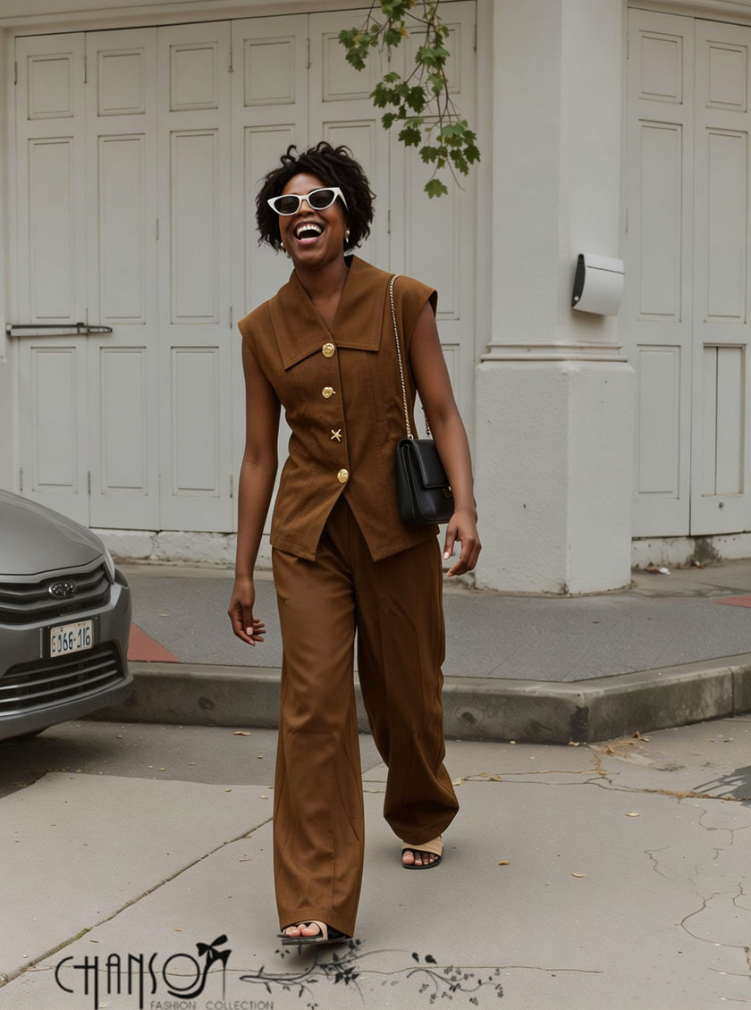 Brown sleeveless tailored vest and wide-leg trousers two-piece set for women