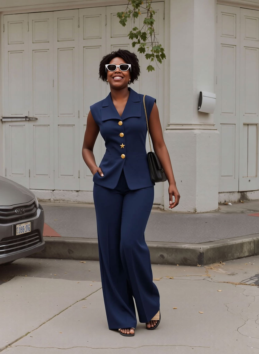Women's plus size tailored matching two piece set in navy and brown - view 3