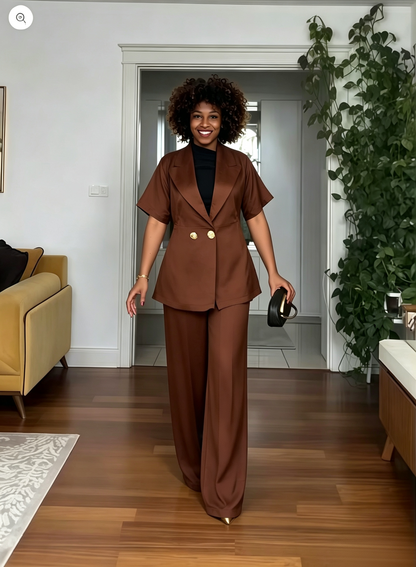 Women's chocolate brown short sleeve blazer and wide leg pants two piece set