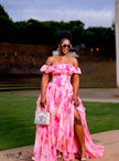 Off Shoulder Ruffle Maxi Gown Ruched Bodice Watercolor Floral Print Evening Dress