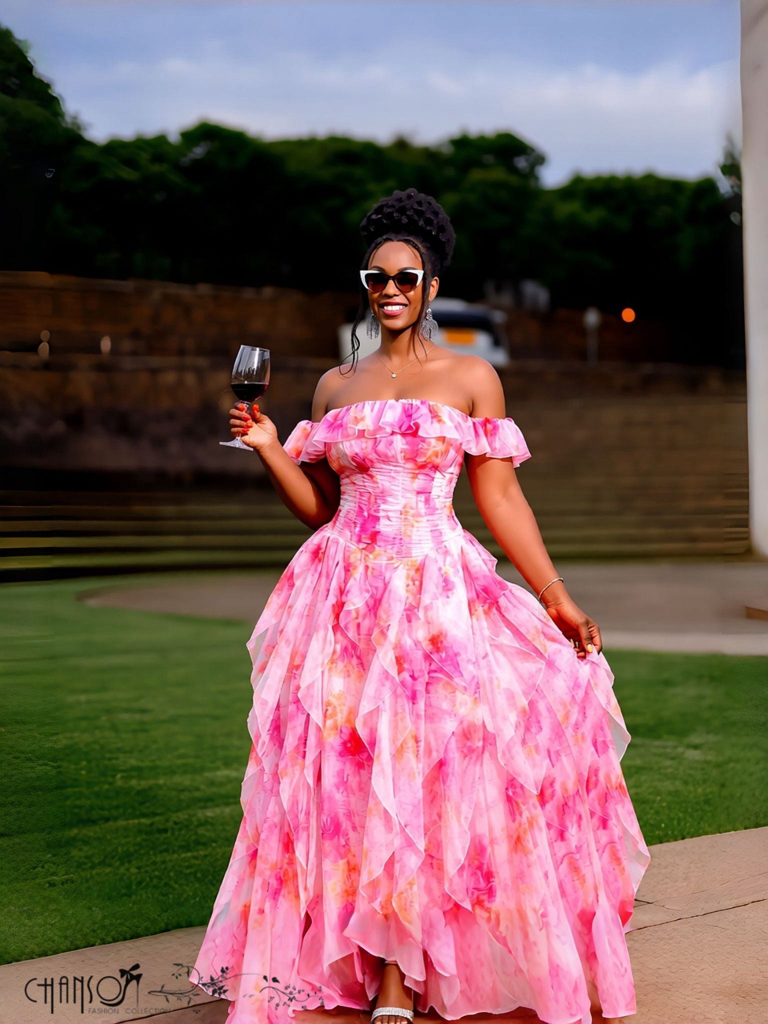 Off Shoulder Ruffle Maxi Gown Ruched Bodice Watercolor Floral Print Evening Dress