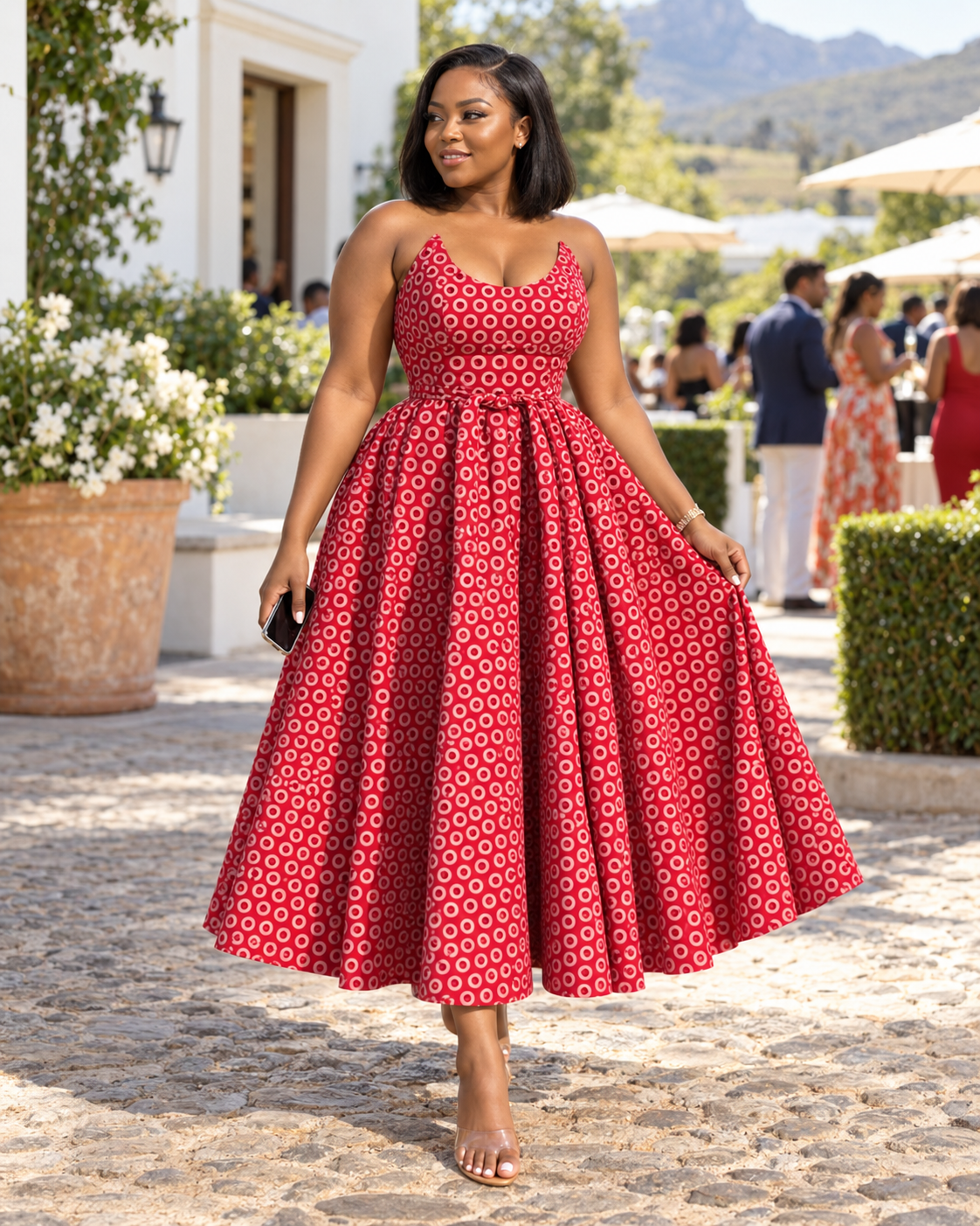 Red circle-print spaghetti-strap midi dress with a fitted bodice and full skirt