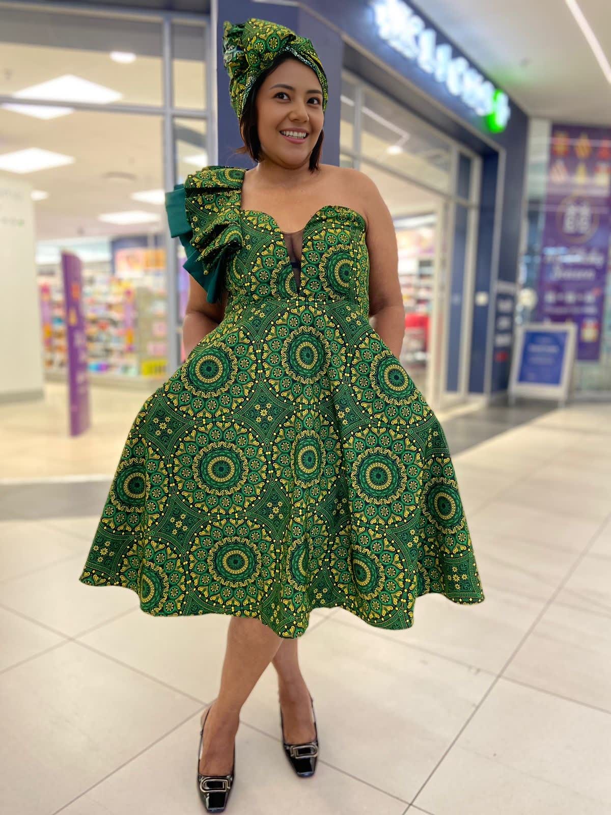 Ruffle One Shoulder Dress  African Print