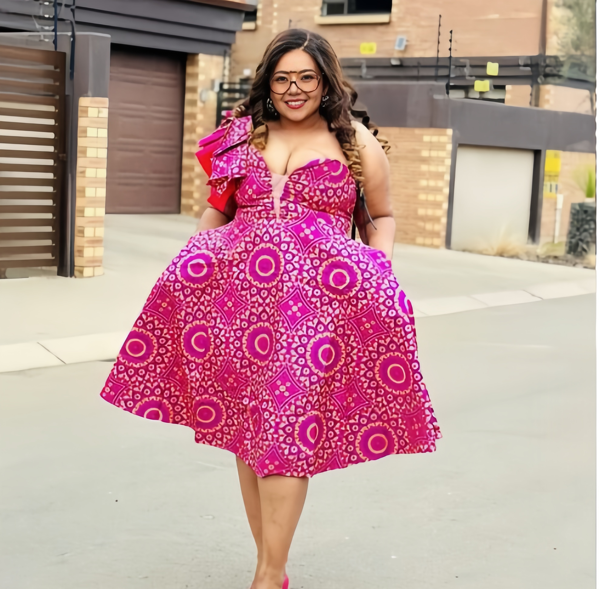 Ruffle One Shoulder Dress  African Print