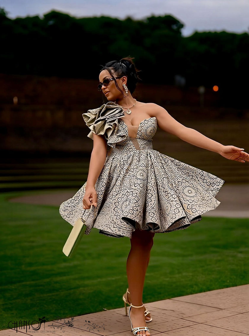 Ruffle One Shoulder Dress  African Print