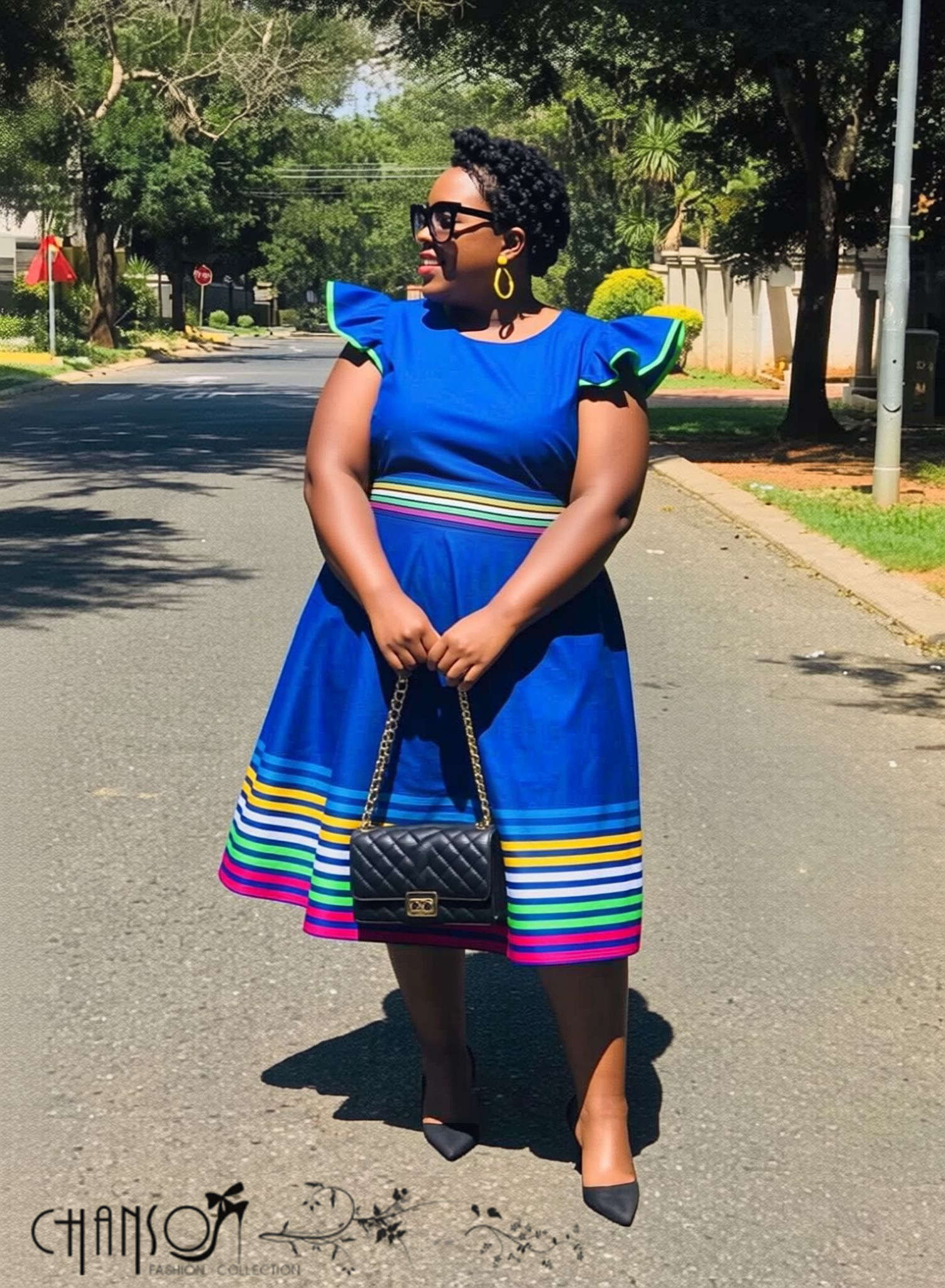 Women's plus size ruffled sleeve flared midi dress with colourful striped trim - view 1