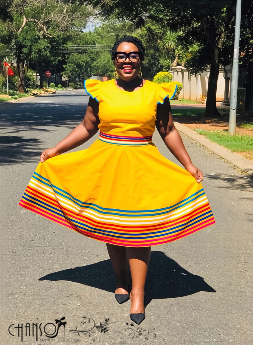 Women's plus size ruffled sleeve flared midi dress with colourful striped trim - view 2