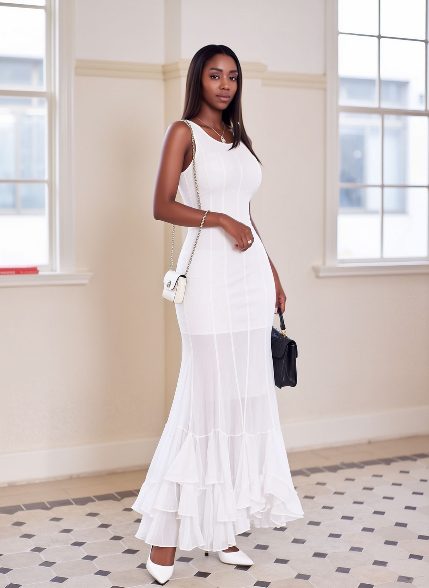 White sleeveless sheer maxi dress with a fitted bodice and layered ruffle hem