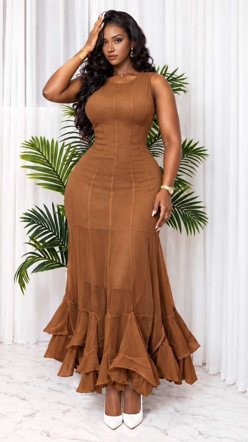 Brown sleeveless sheer maxi dress with a fitted bodice and layered ruffle hem