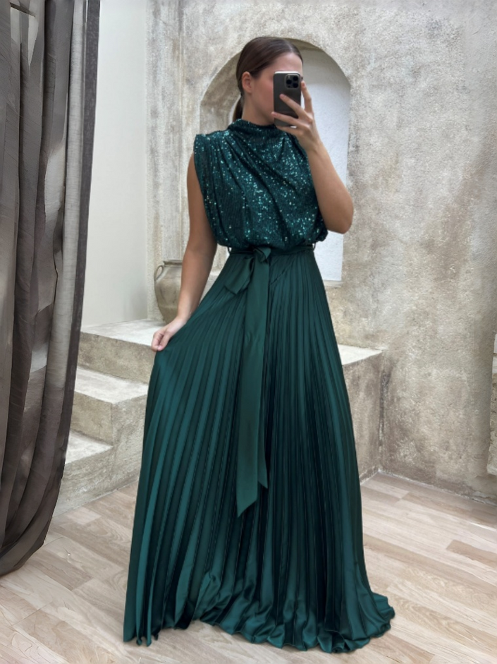 Green sequin pleated maxi dress, high neck, sleeveless, with waist tie
